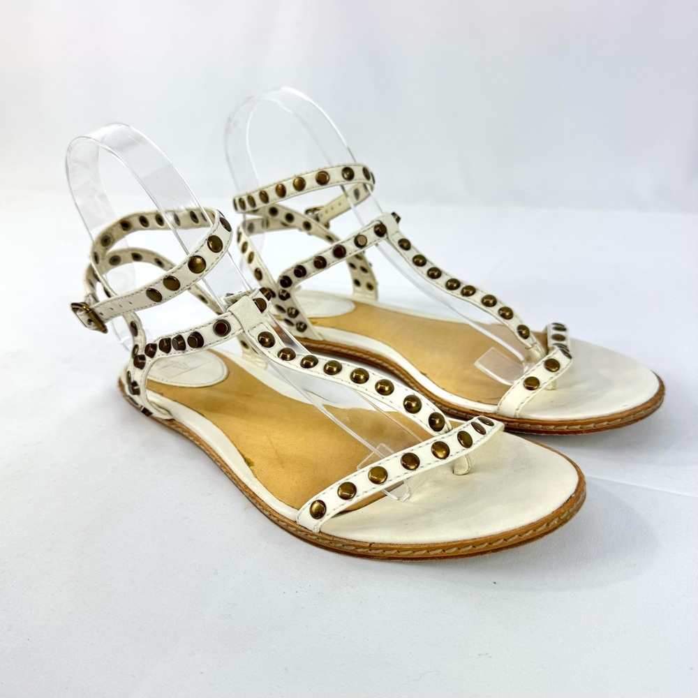 Frye Mary Studded T-Strap All Leather Sandals White, Brass Size 7.5M EUC